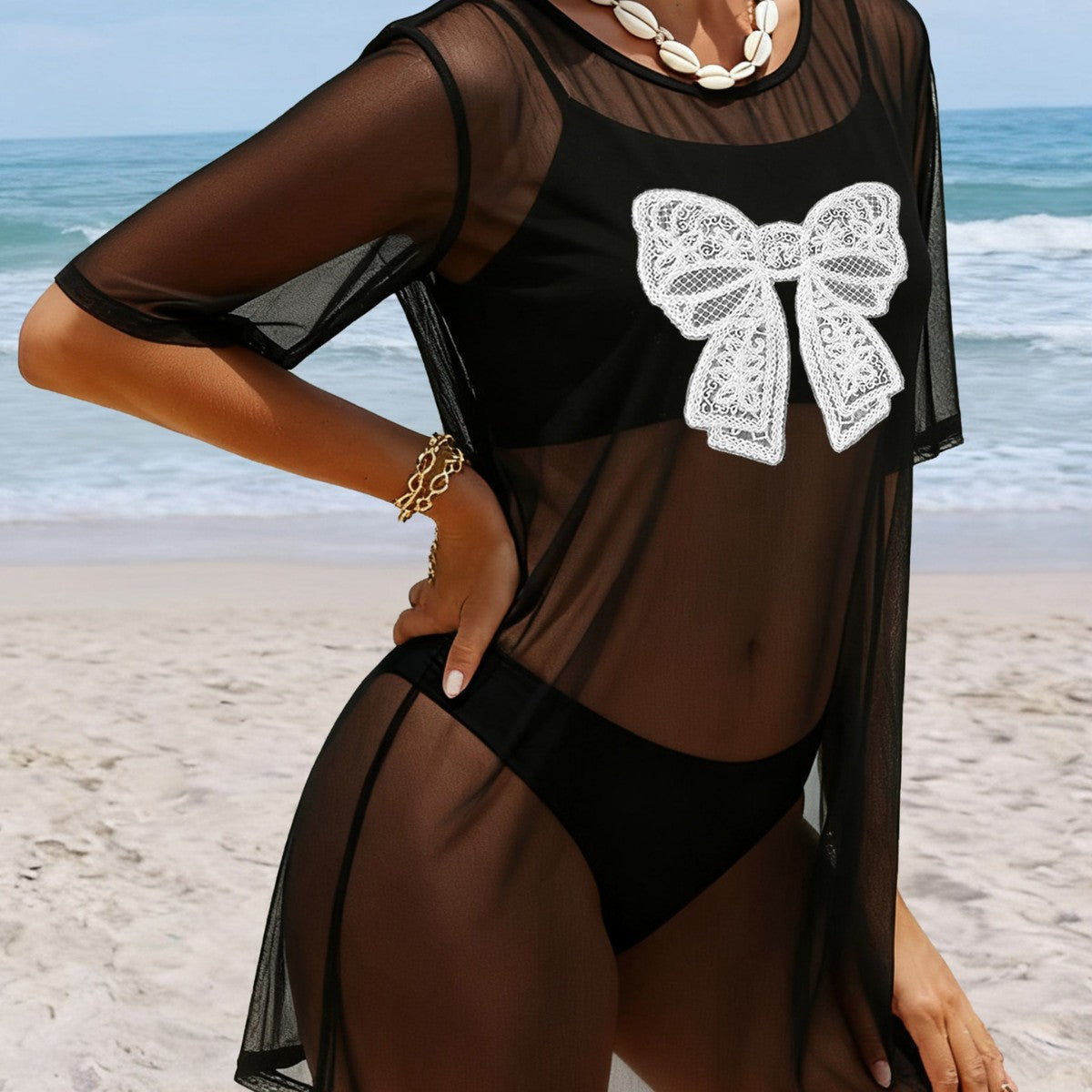 Women Clothing Sexy See through Tulle Skirt Half Sleeve Casual T shirt Lace Bow Three Dimensional Stitching Blouse Women
