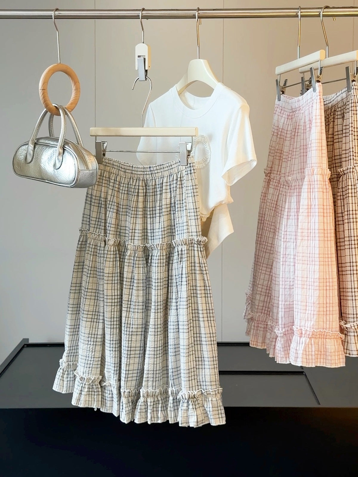 Ruffled Bubble Cotton Plaid Skirt Women Summer High Waist Slimming A Line Mid Length Skirt