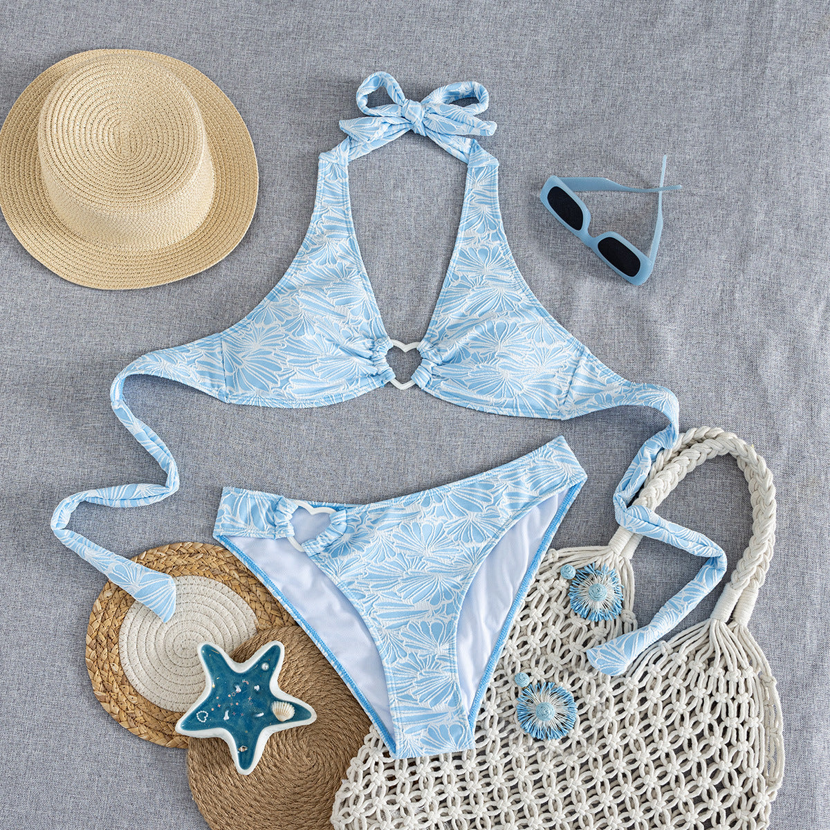 Swimsuit Women Sky Blue Halter Sexy Backless Spring Beach Swimsuit