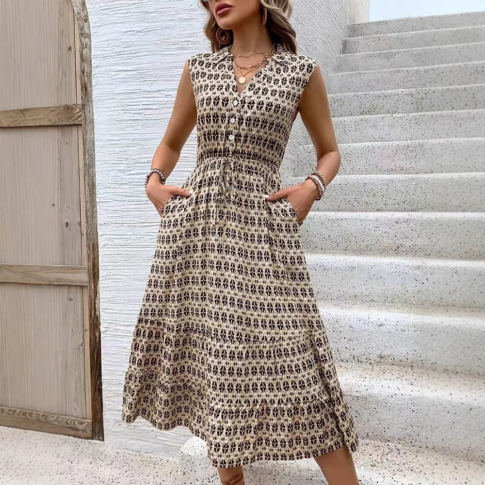 Summer Suspender Dress Waist Geometric Abstract Printing Dress