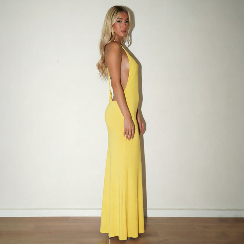 Women Clothing Autumn Solid Color Casual Sleeveless Backless Strap Slim Fishtail Maxi Dress