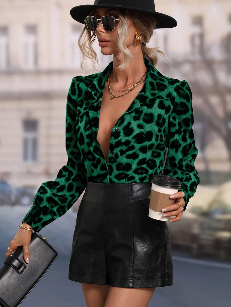 Women Clothing Satin Shirt Early Autumn Casual Leopard Print Sexy Long Sleeved Top