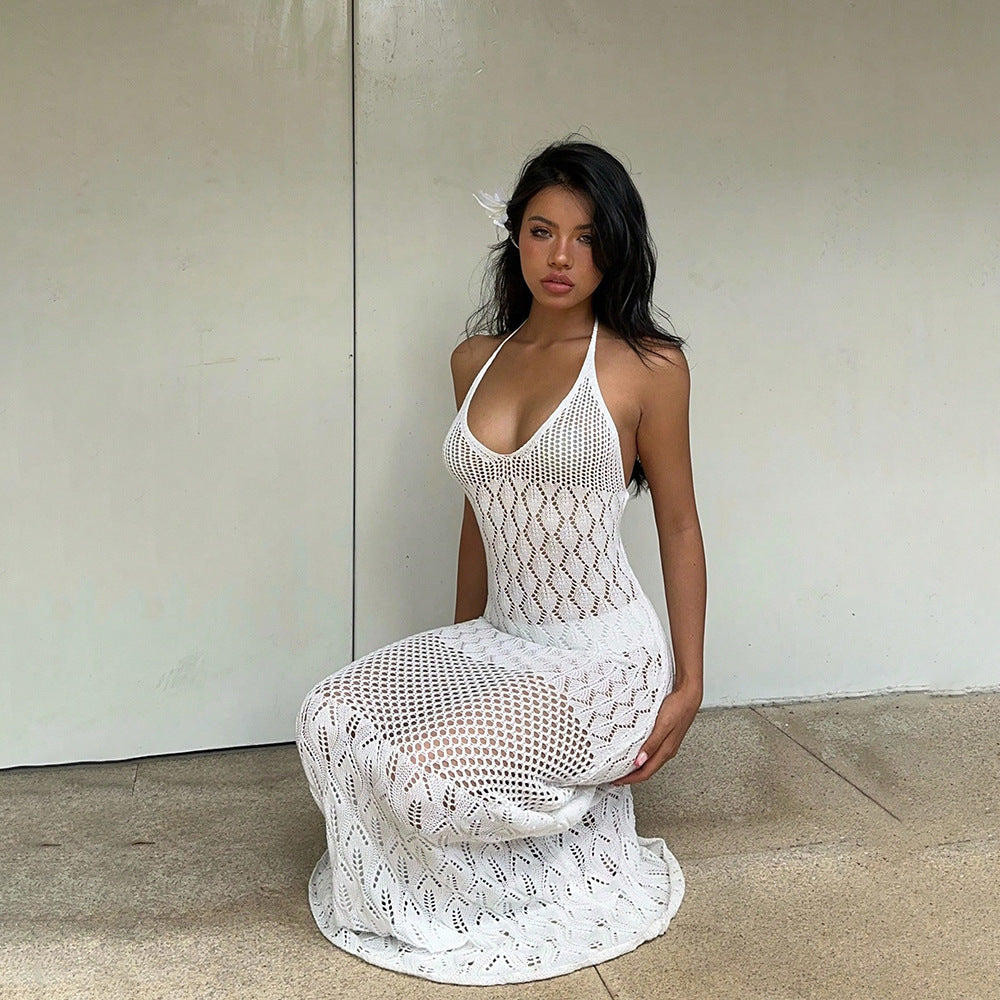 Solid Color Sexy Knitted Hollow Out Cutout Beach Cover up Bikini Swimsuit Beach Dress Women