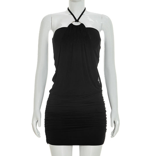 Women Spring Summer Sexy Simple Eyelet Halter Sheath Ultra Short Dress