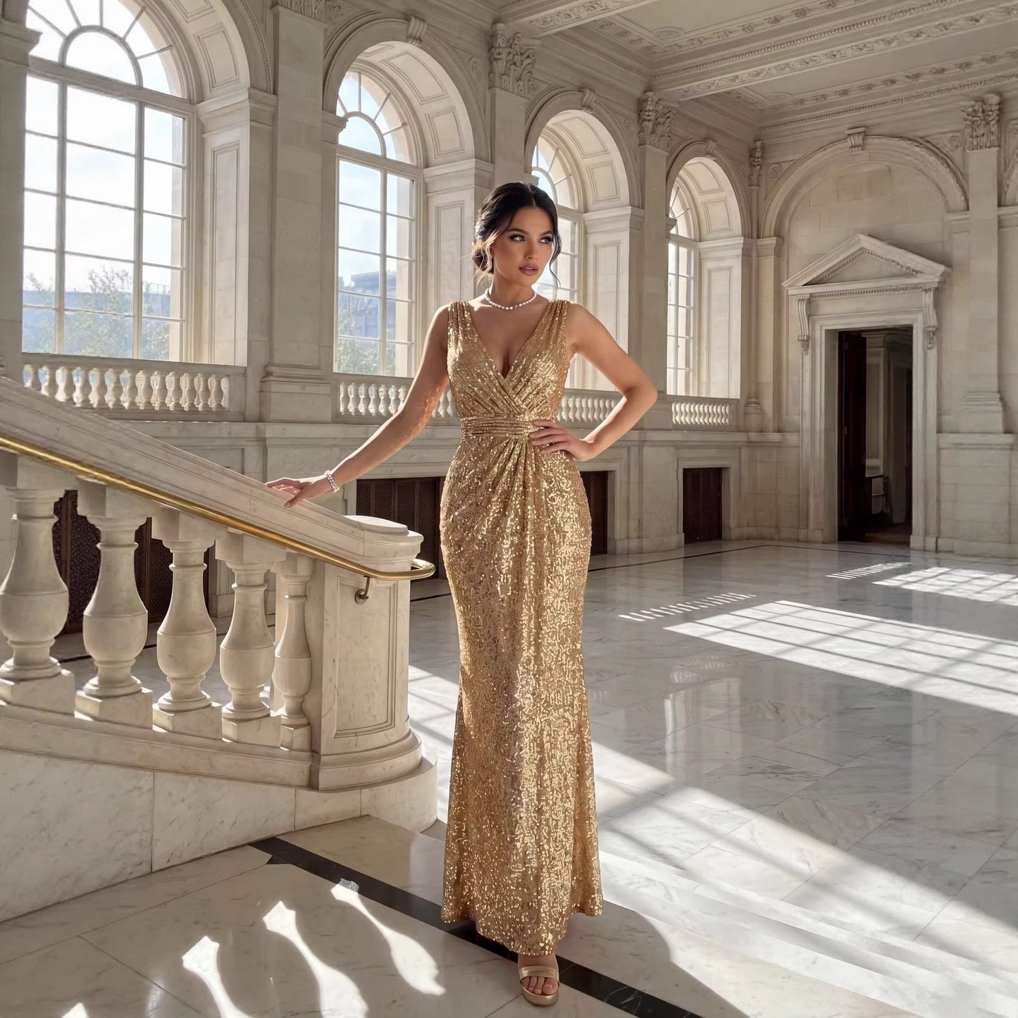 Spring Summer Women Clothing Deep V Plunge Sexy Backless Dress Gold Premium Sequined Evening Dress