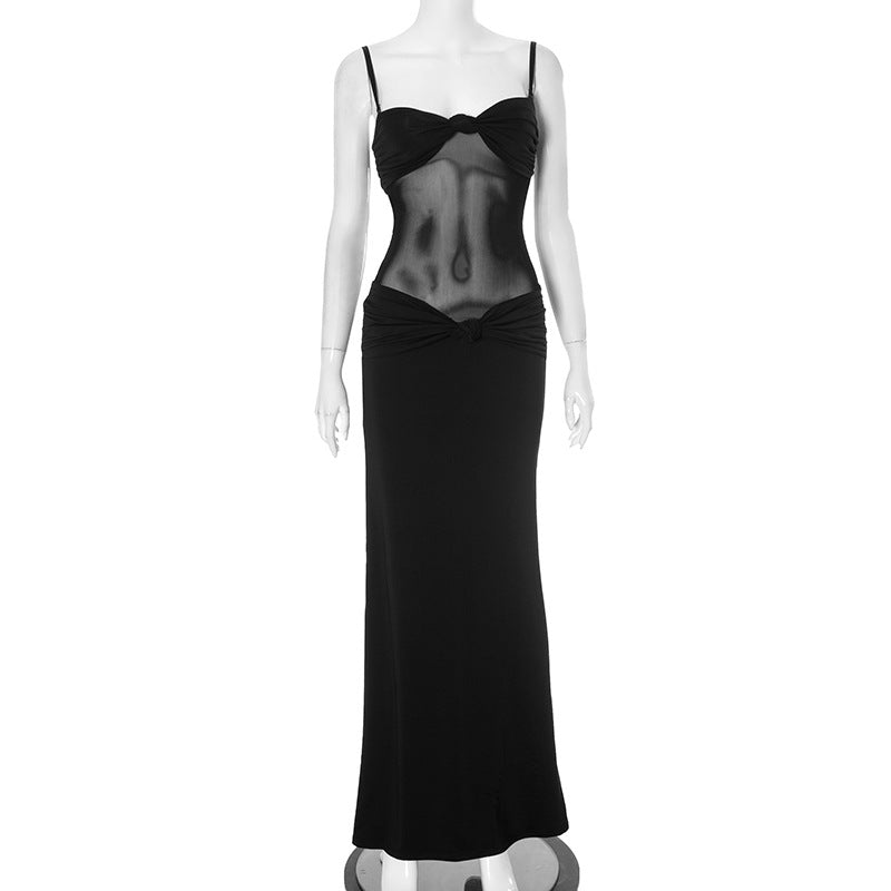 Women Clothing Detachable Shoulder Strap Twist Mesh Slim Fit Dress