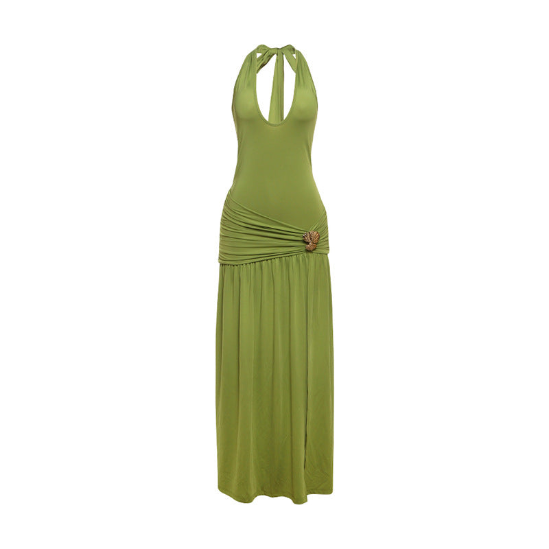 Women Clothing Summer Sexy Halter Strap Backless Slim Fit Fold Split Dress