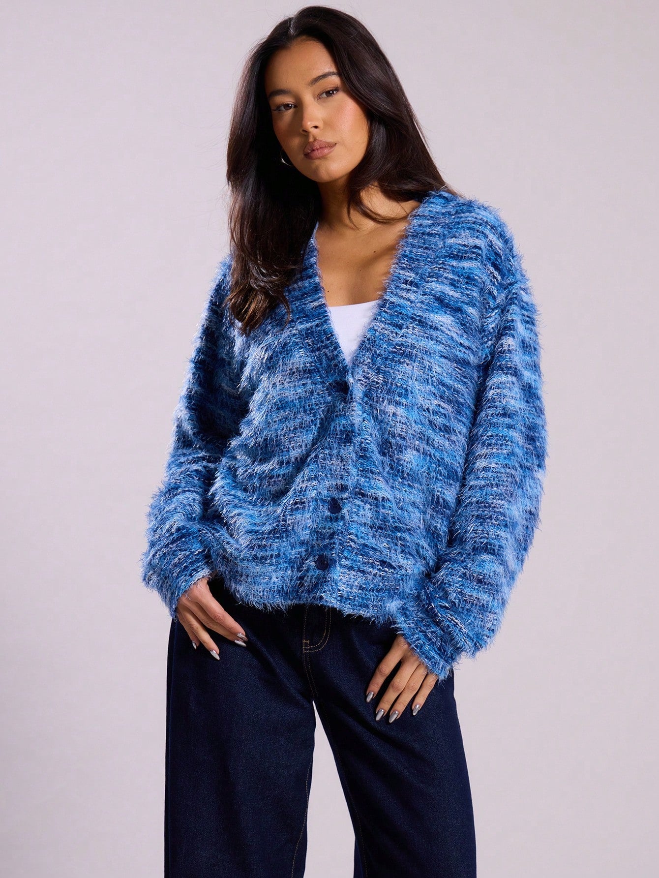 Retro Deep V Plunge neck Design Maillard Plush Long Sleeve Cardigan