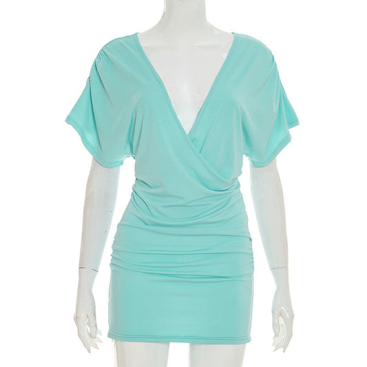 Women Clothing Spring Summer Sexy Simple Cool Large V neck Solid Color Sheath Dress
