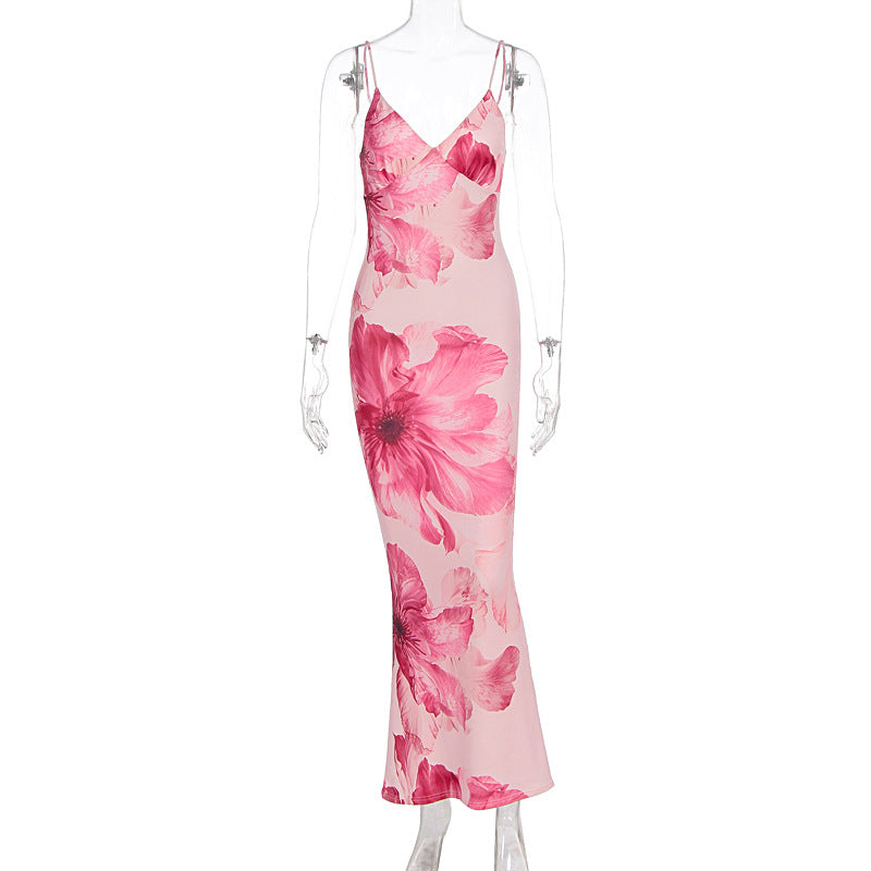 Summer Women Clothing Sexy Printing V-neck Brace Backless Slimming Dress
