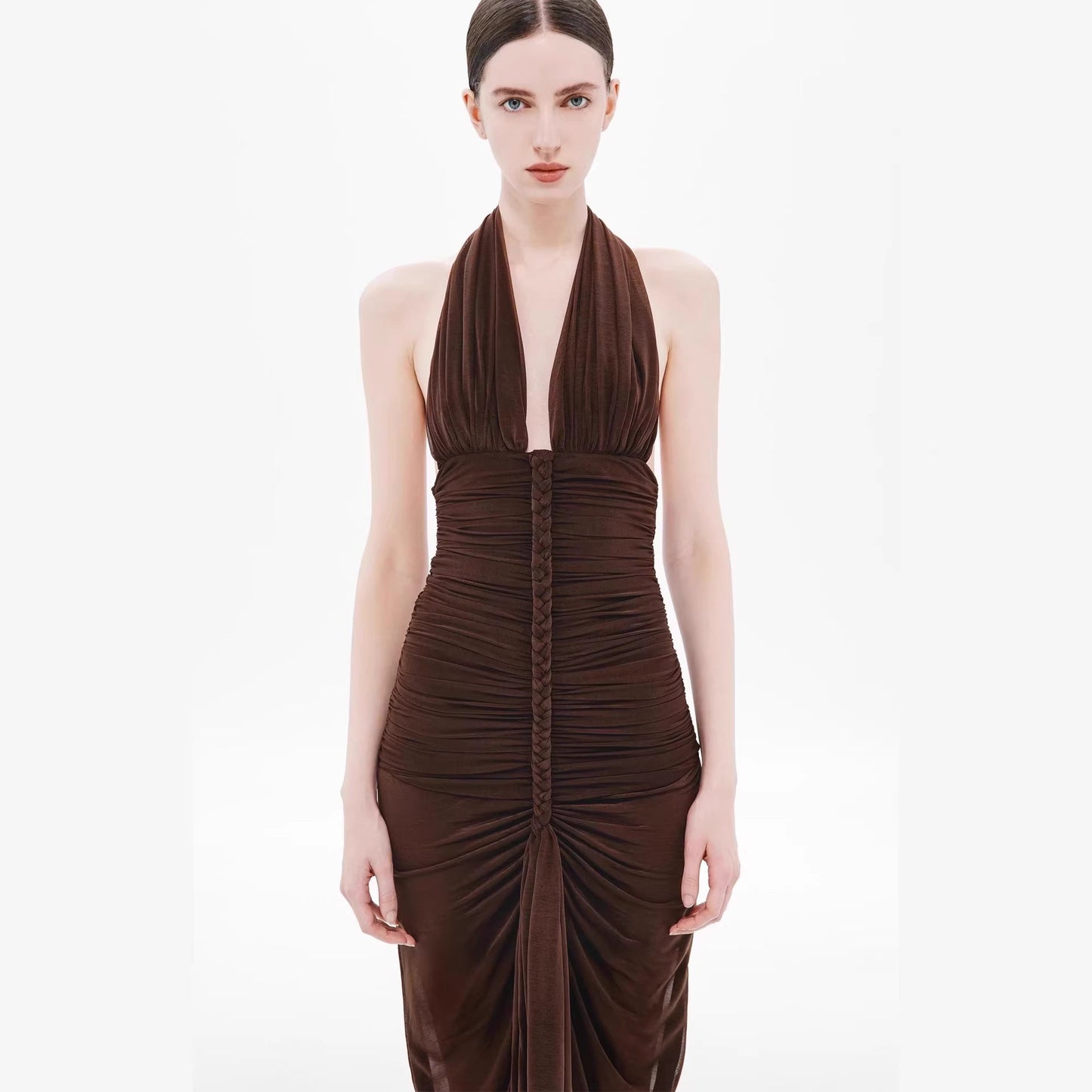 Women Clothing Sexy V neck Slim Fit Pleated Hip Backless Halter Dress