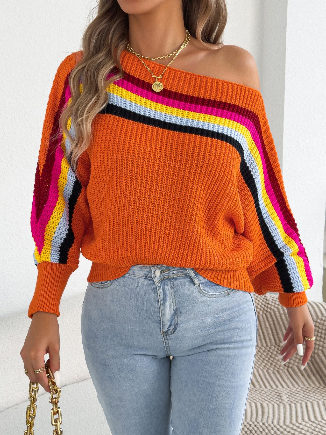 Women Clothing Real Shot Autumn Winter Rainbow Striped off Neck off the Shoulder Lantern Sleeve Sweater