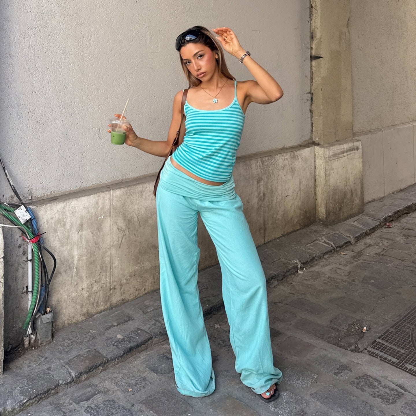 Women Clothing Mint Green Striped Street Suspender Trousers Two Piece Sets Summer