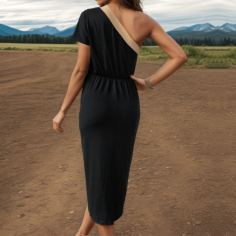 Summer Women Irregular Asymmetric Color Matching Sloping Shoulder Dress