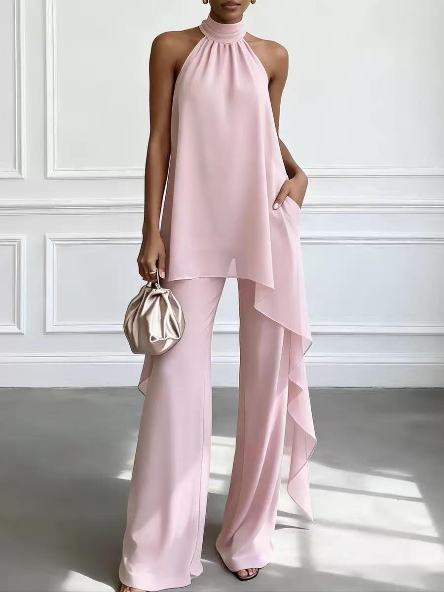 Elegant Halter Sleeve Chiffon Two Piece Sets