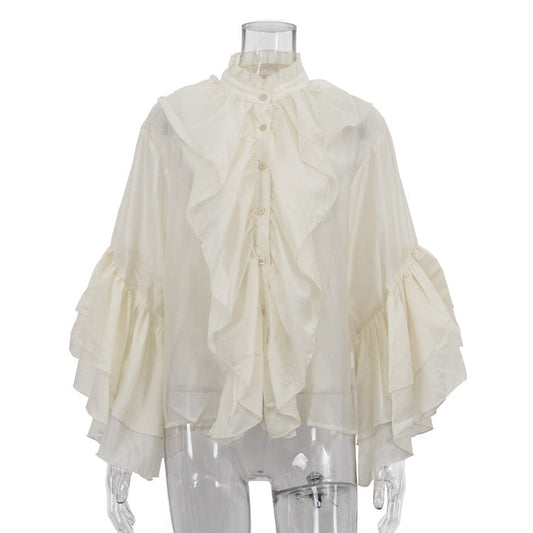 All Match Casual Women Shirt Design Ruffled Stand up Collar Long Sleeved French Top