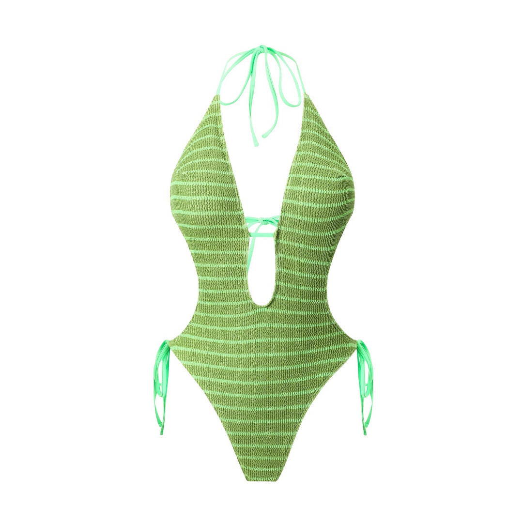 Bikini Sexy Deep V Plunge Lace up Halterneck Backless Siamese Women Swimsuit