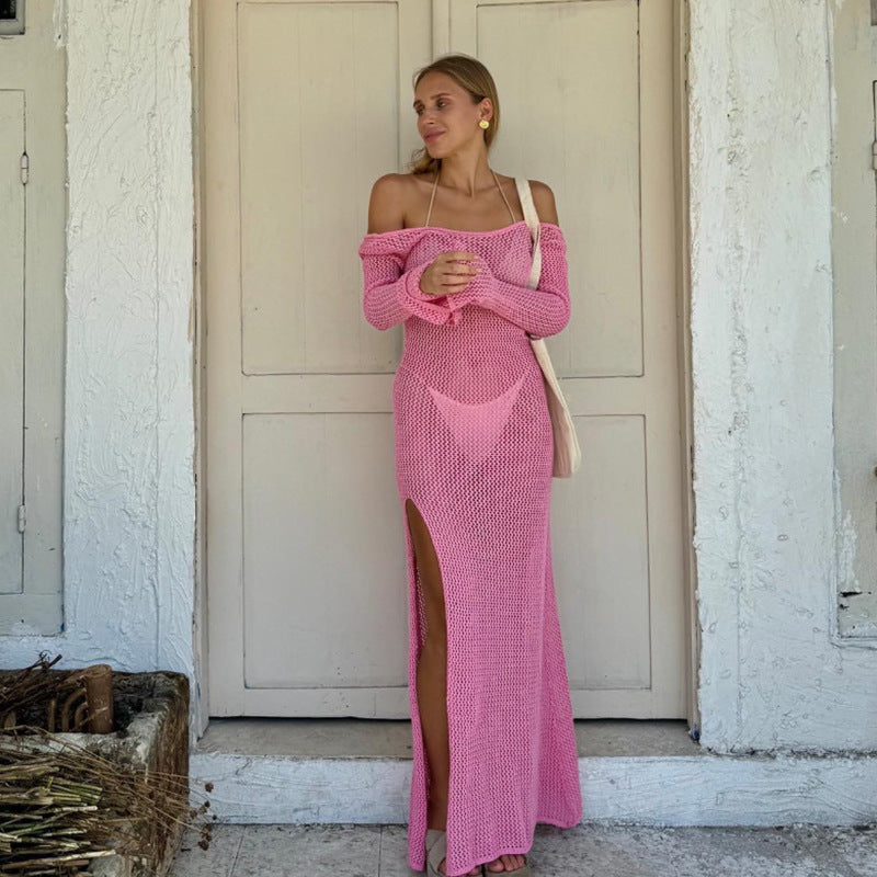 Solid Color Idle Beach Dress Loose Bare Back Side Slit Hollow Out Cutout Knitted Dress for Women