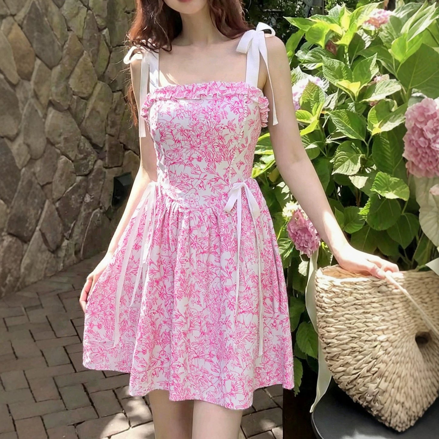 Vacation Seaside Summer Dress French Floral Lace up Light Luxury High Grade Elegant Dress
