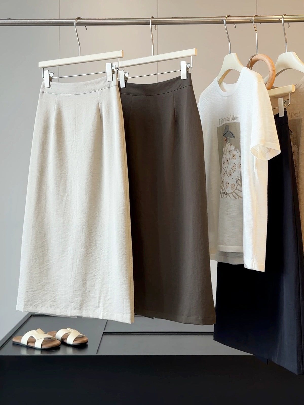 Simple Graceful Skirt Women Summer Slimming High Waist A line Split Sheath Mid Length Skirt
