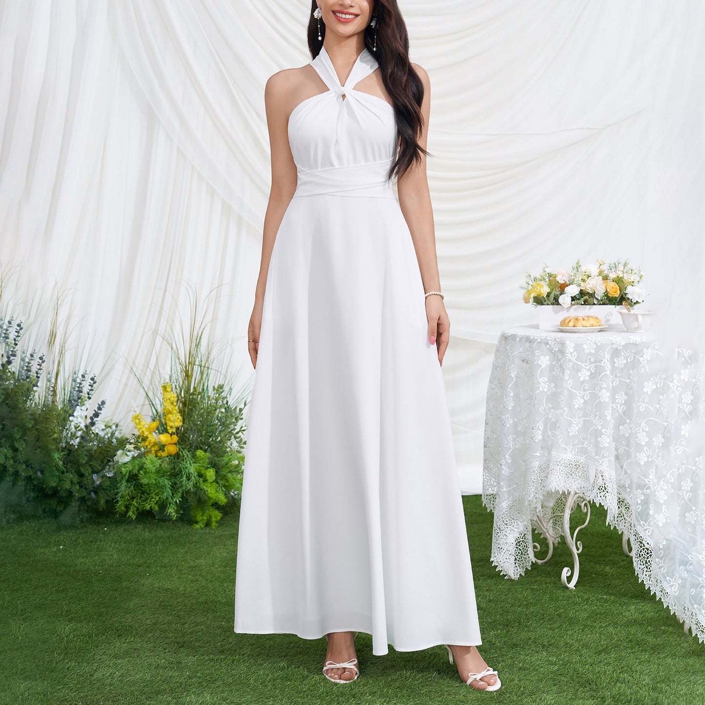Summer Vacation Cross Tied Dress Sexy Socialite Special V neck Backless Waist Trimming Maxi Dress