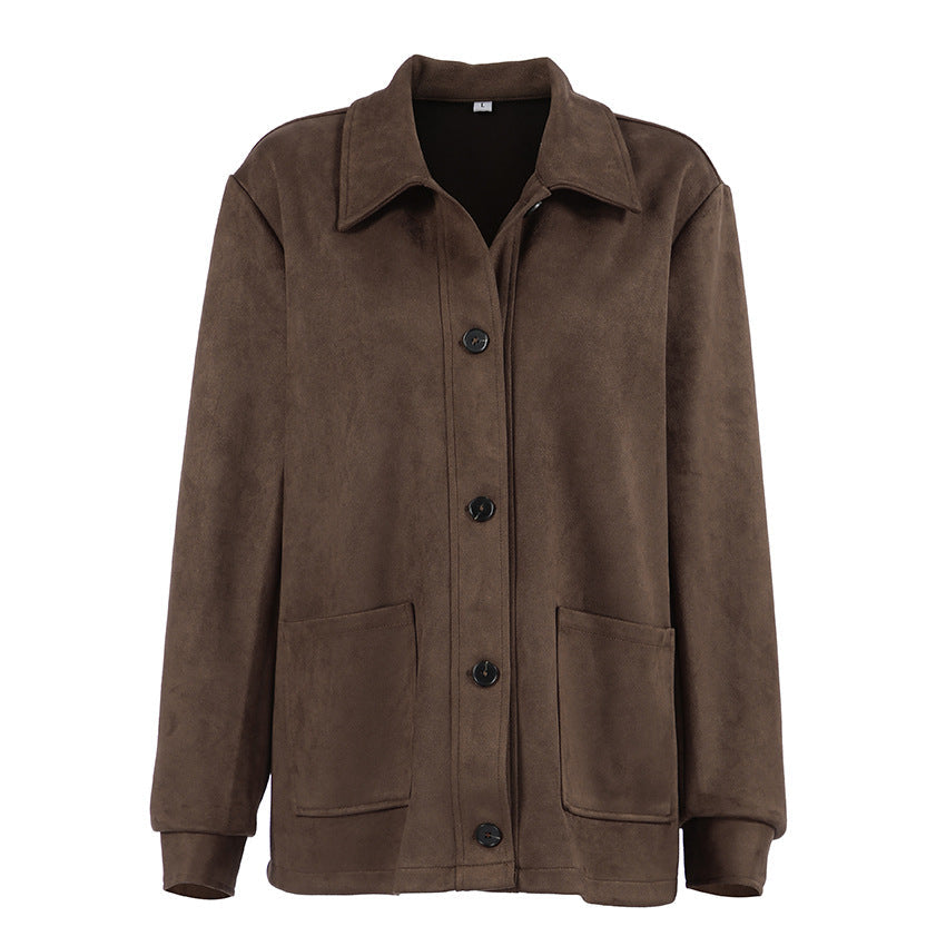 Autumn Winter Retro Maillard Suede Collared Long Sleeved Coat Women Simple Light Luxury Loose Figure Flattering
