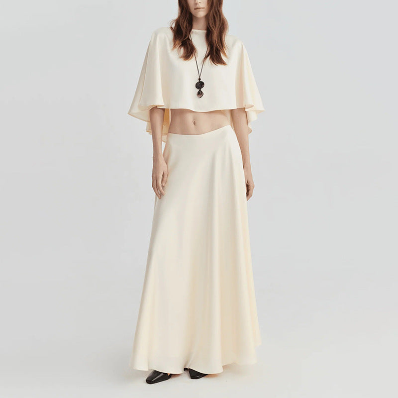 Elegant Socialite Two Piece Sets round Neck Cape Shawl Short Top High Waist Skirt