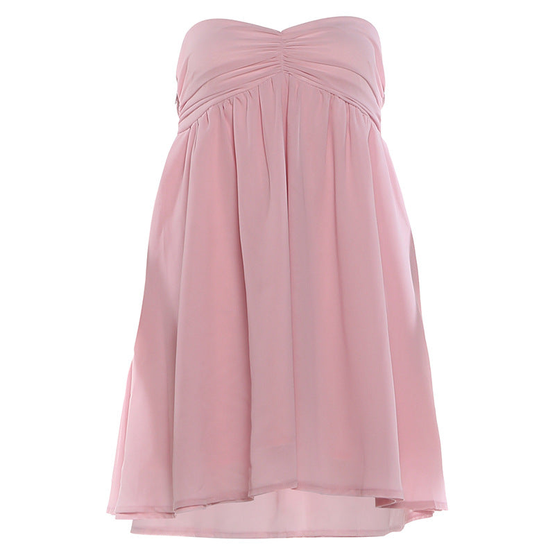 Women Clothing Spring Summer Graceful Fashionable Off Shoulder Pure Desire Tube Top Backless Short Loose Dress