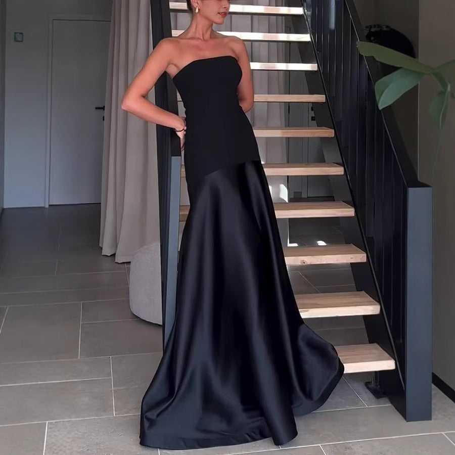 Summer Sexy Tube Top Satin Sleeveless Stitching Solid Color Dress