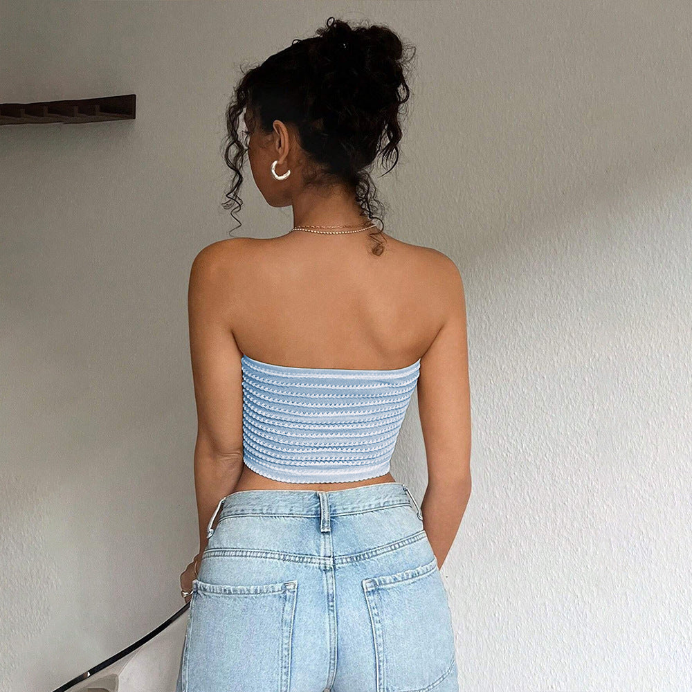 77Sexy Blue White Striped Tube Top Sleeveless Cold Shoulder Skinny Short Vacation Vest Top for Women
