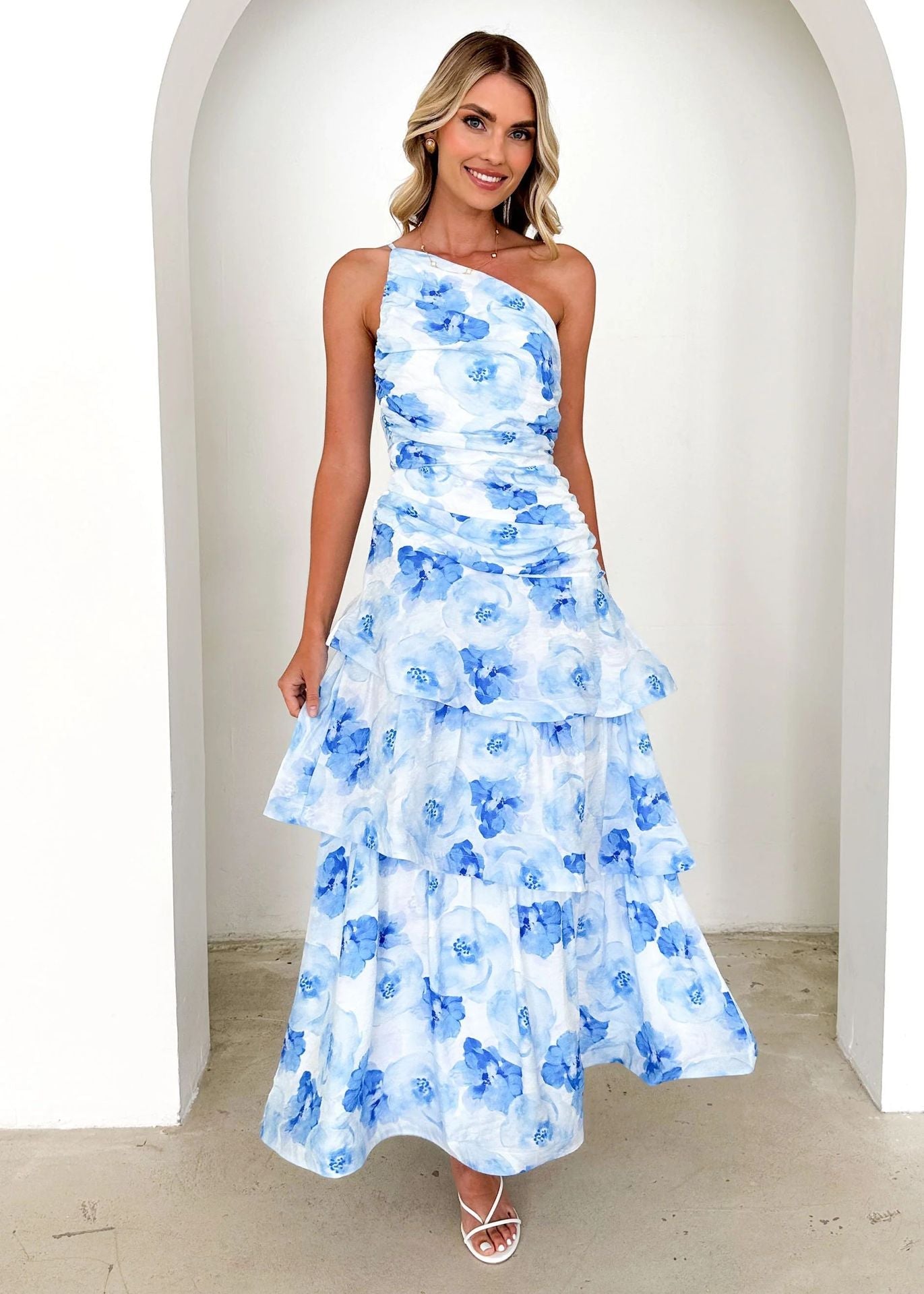 Women Summer Single Shoulder Suspender Printing Dress