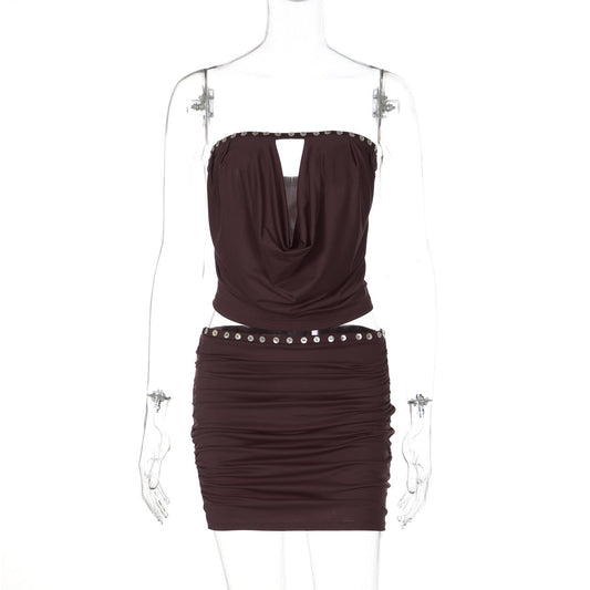 Women Clothing Winter Sexy Sleeveless Tube Top Fastener Decoration Pleated Slim Fit Skirt Two Piece Sets