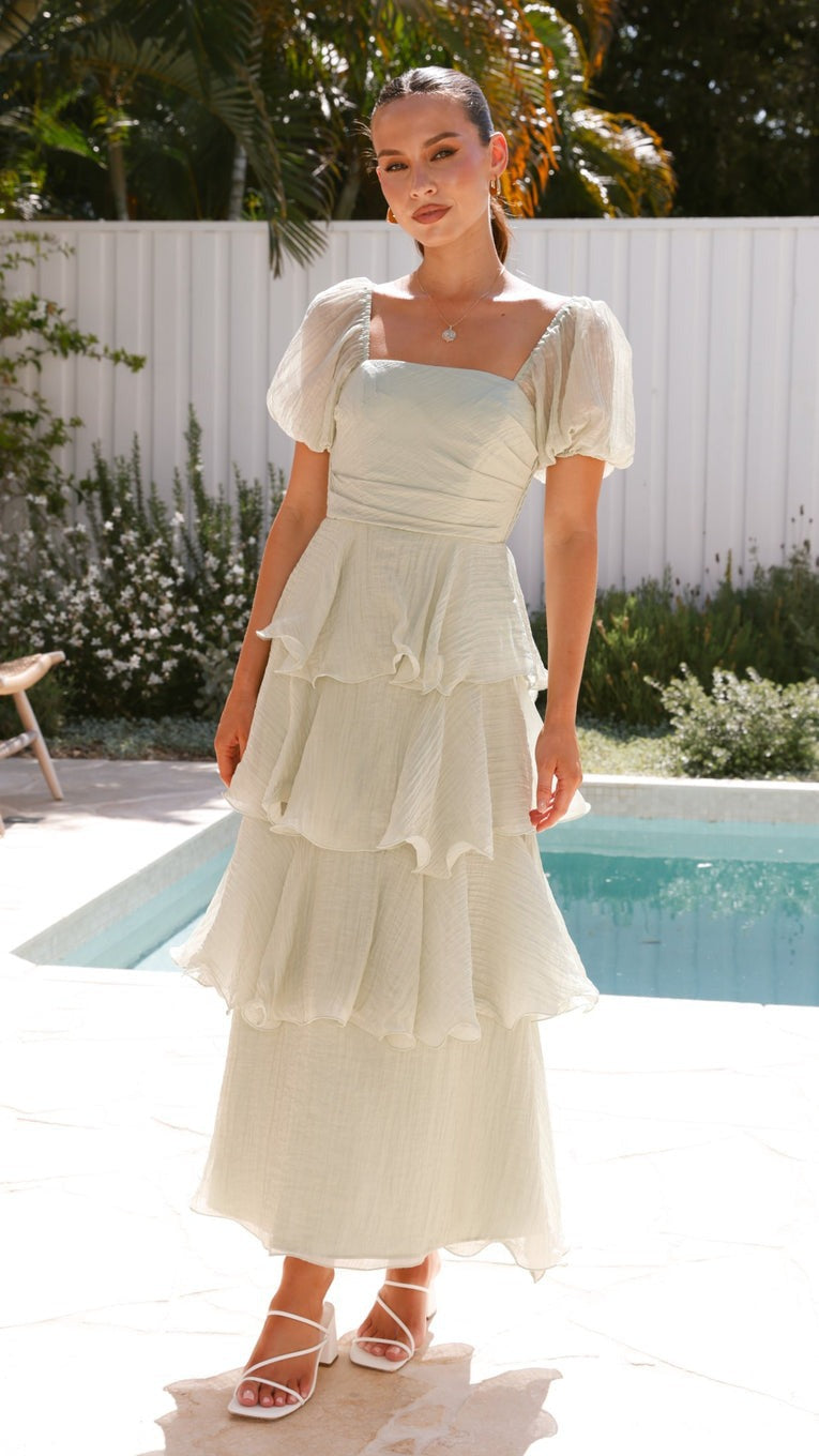Backless Puff Sleeve Tiered Dress Long