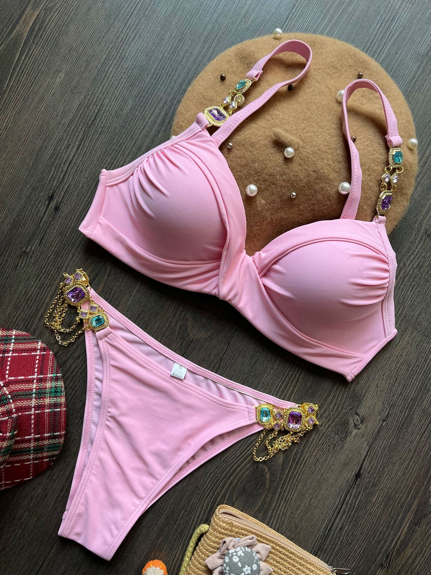 Gathering Steel Bracket Solid Color Bikini Sexy Crystal Diamond Swimsuit Split Swimwear Women