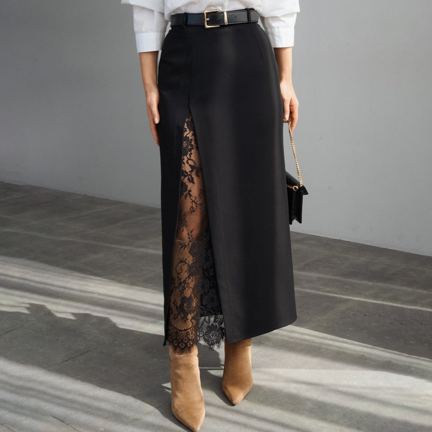 Summer Side Slit Stitching Lace Sexy See through Skirt All Matching Elegant Graceful Women Commuting Wear(Without belt)