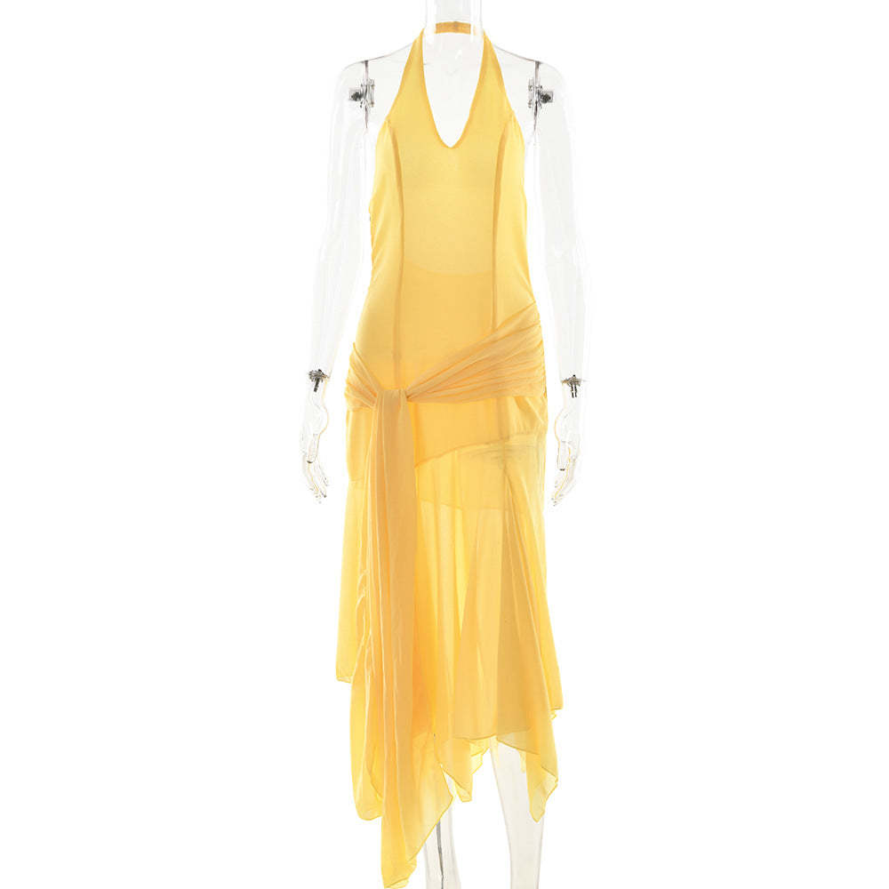 Summer Halter Chiffon See through Dress Sexy Deep V Plunge Ribbon Dress