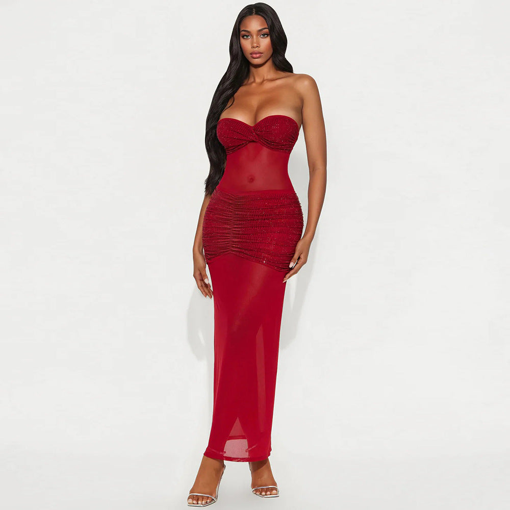 Tube Top Milk Silk Stitching Mesh Drilling Party Hip Wrapped Long Dress