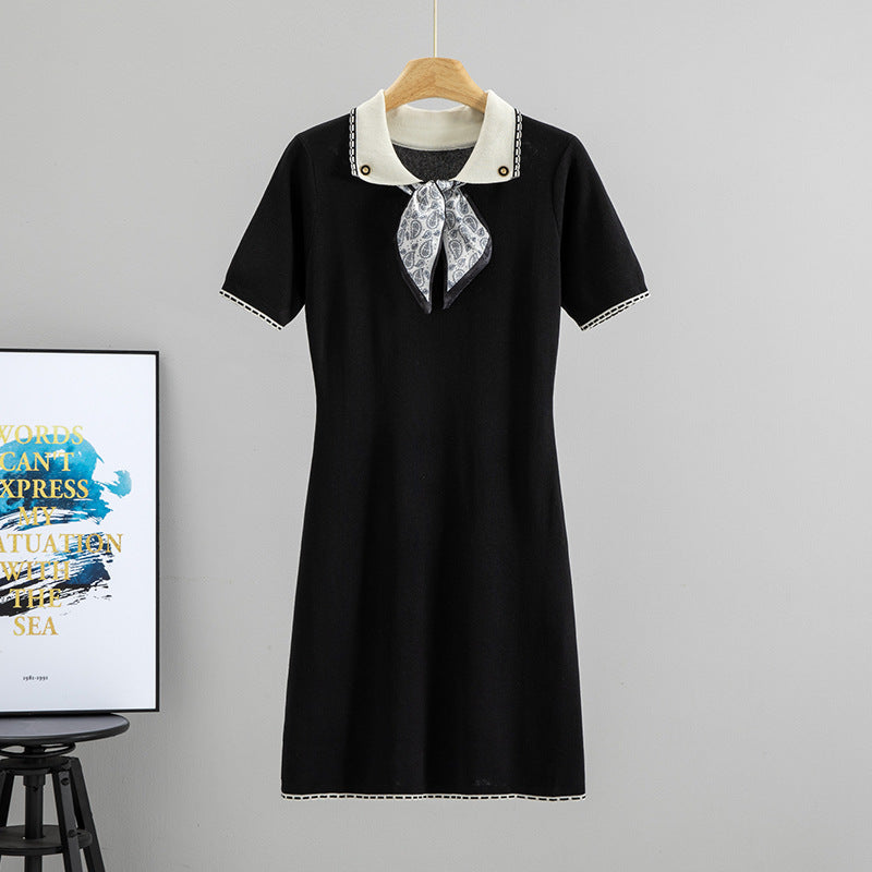 Summer French Printed Silk Scarf Color Stitching Turnover Neck Cinched Slimming Short Sleeves Knitted Dress Fashionable Tall