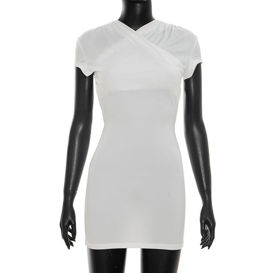 Women Clothing Summer Solid Color Casual Short Sleeve Front Cross Back Exposed Hollow Out Cutout Out Short Dress