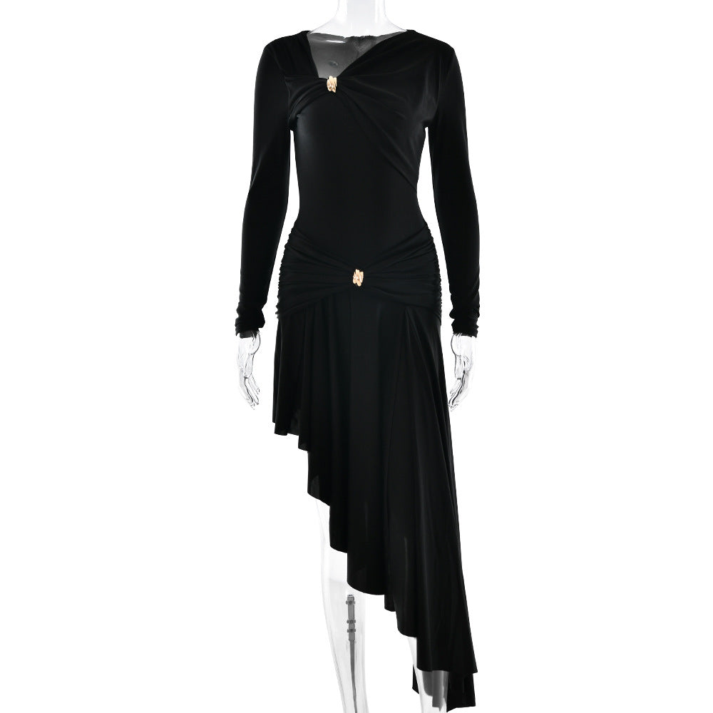 Autumn Winter Graceful Fashionable Women Slim Dress Sexy Pleated Irregular Asymmetric Maxi Dress