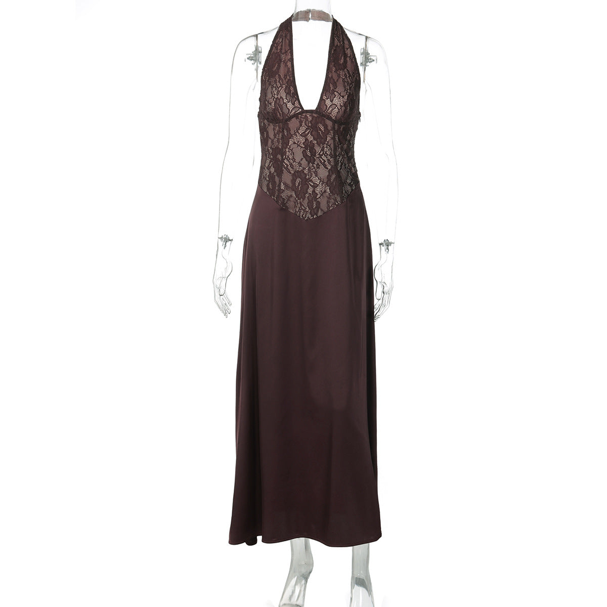 Women Clothing Winter Hollowed out Backless Lace Patchwork Waist Slimming Deep V Plunge Sexy Halter Dress