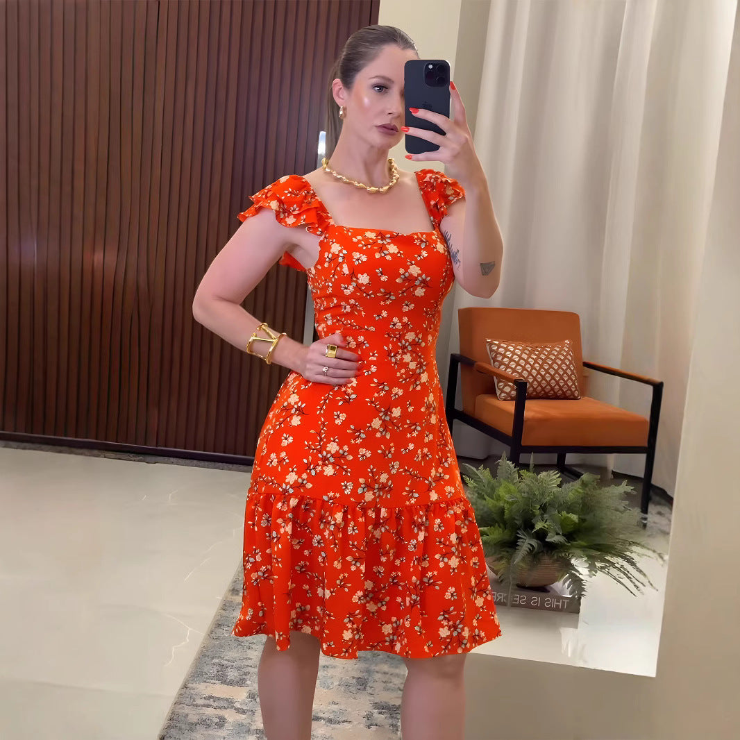 Printing Flounced Sleeve Summer Dress