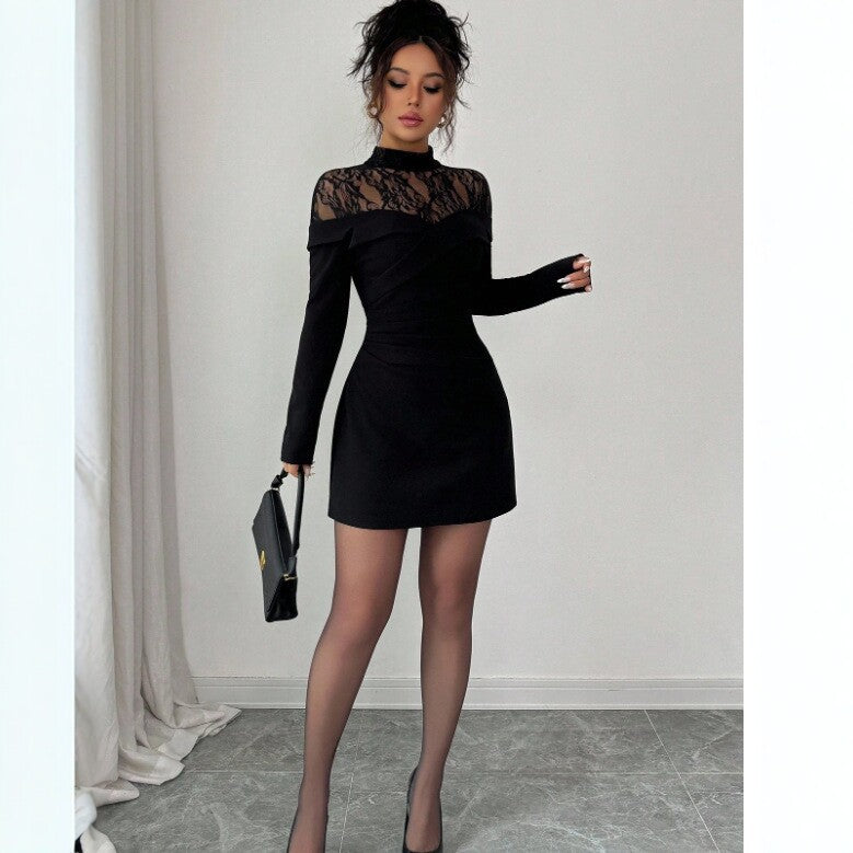 Lace Slim Fit Patchwork Long Sleeve Black Dress Women Sheath Dress