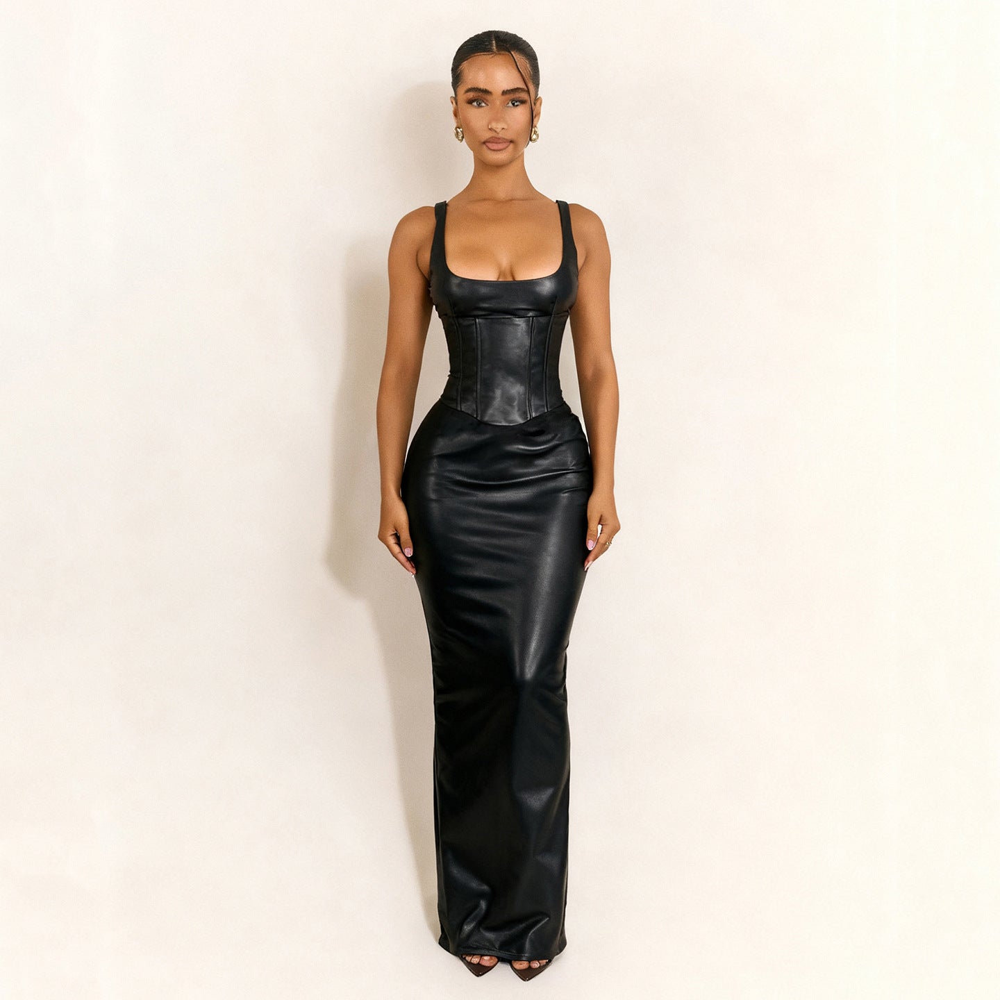 Women Clothing Square Collar Low Cut Drawstring Slim Fit Leather Dress Sexy Sheath Split Dress