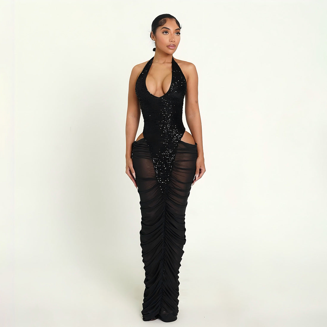 Autumn Winter Women Clothing Fashionable Sequ Stitching Sexy Mesh See through Ruffle Hip Dress