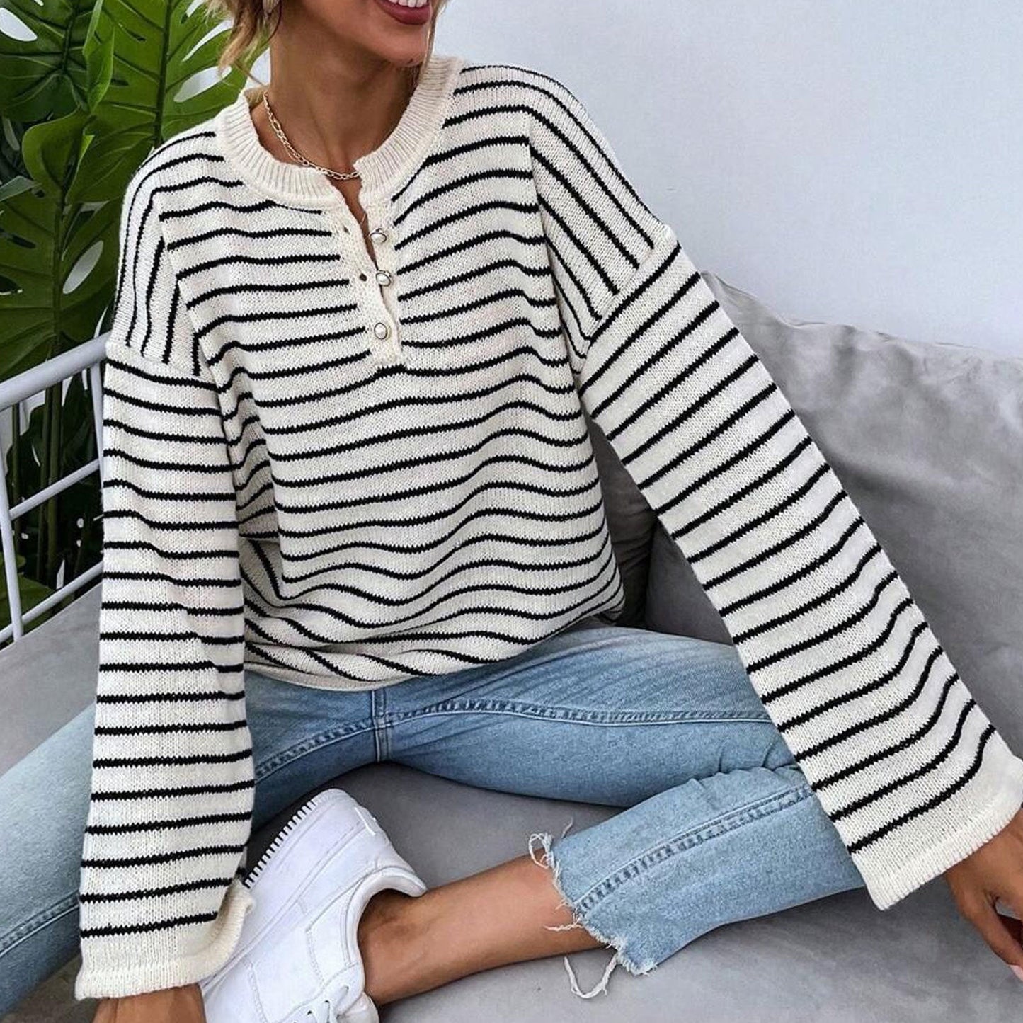 Striped Knit Sweater Women Loose Lazy Round Neck Long Sleeve Sweater Casual Top Arrival