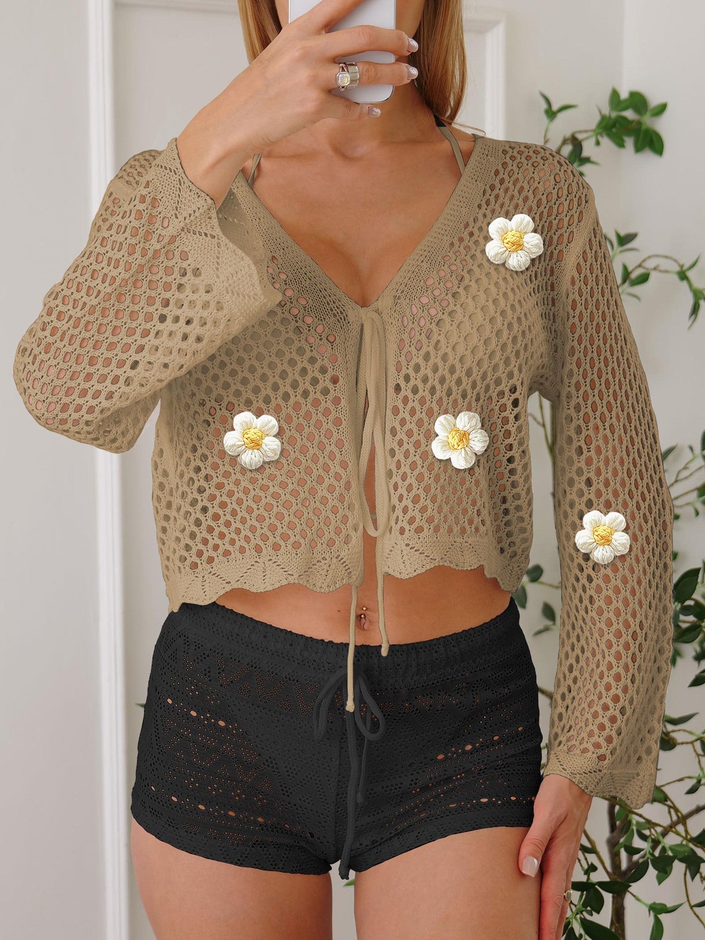 Women Lace up Cardigan Hollow Out Cutout out Woven Shirt Embroidered Floral Stitching Beach Sun Protection Long Sleeved Blouse Casual Coat