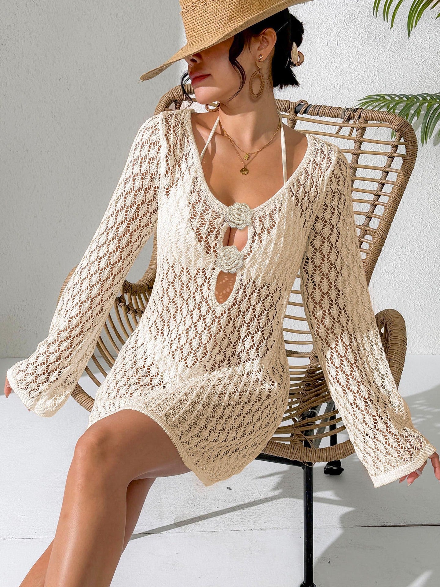Women Hollow Out Cutout Sexy Beach Dress Women Clothing Beach Cover Up Overclothes Dress