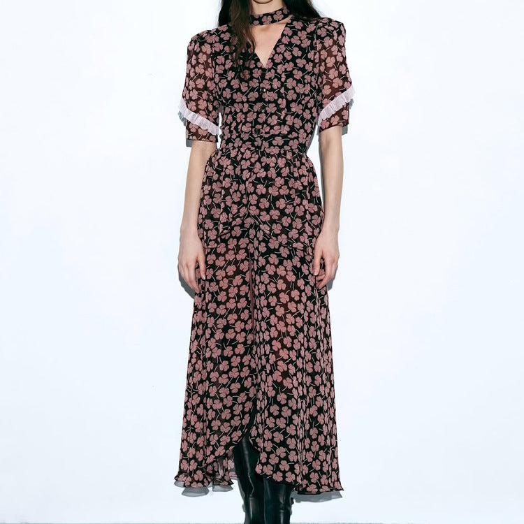 Digital Printing French Dress Women V neck Short Sleeve Front Slit Waist Seal Floral Dress