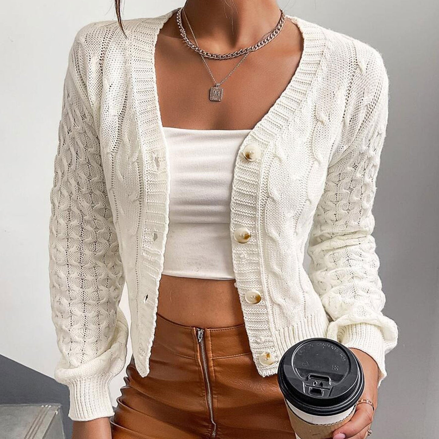 White V neck Twist Knitted Cardigan Women Long Sleeve Slim Fit Slimming Sweater Coat